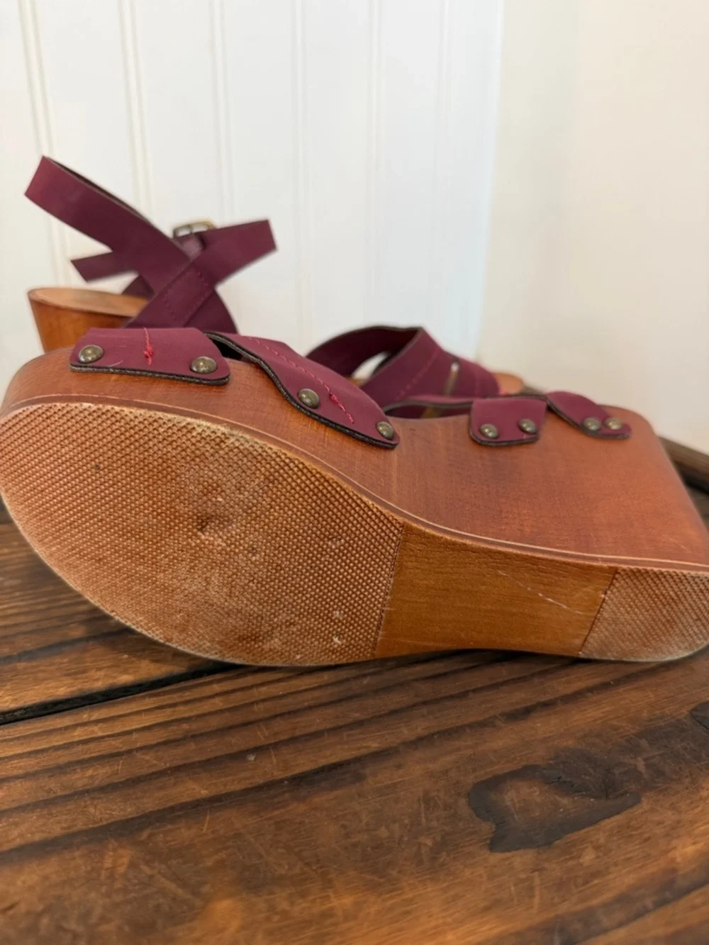 Madden Girl Darce Burgundy Strappy Wood Platform Sandals